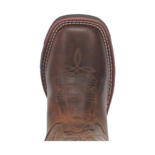Brown leather western boot toe with decorative stitching and a stitched square toe