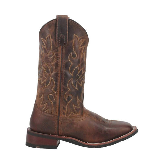Brown leather cowboy boot with embroidered shaft, side zipper, and stacked heel