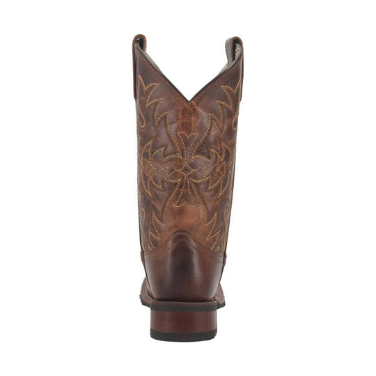 Brown western boot shown from the back with stitched floral patterns and pull tabs