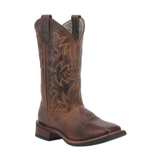 Brown western boot with stitched floral embroidery and a pointed toe