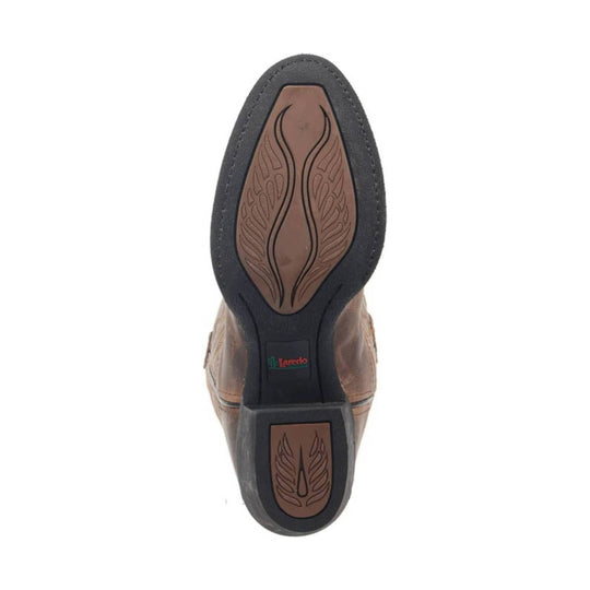 Brown western boot sole with black tread and decorative insole pattern