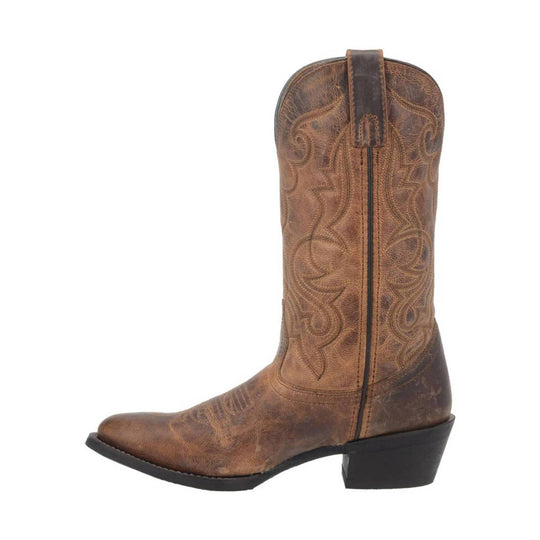 Brown western boot with stitched shaft, pointed toe, and black heel in side view