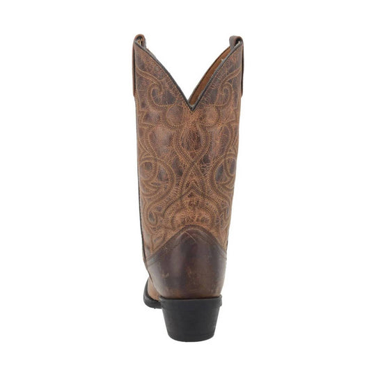 Brown western boot with decorative swirl pattern, pointed V-shaped shaft, and dark stacked heel