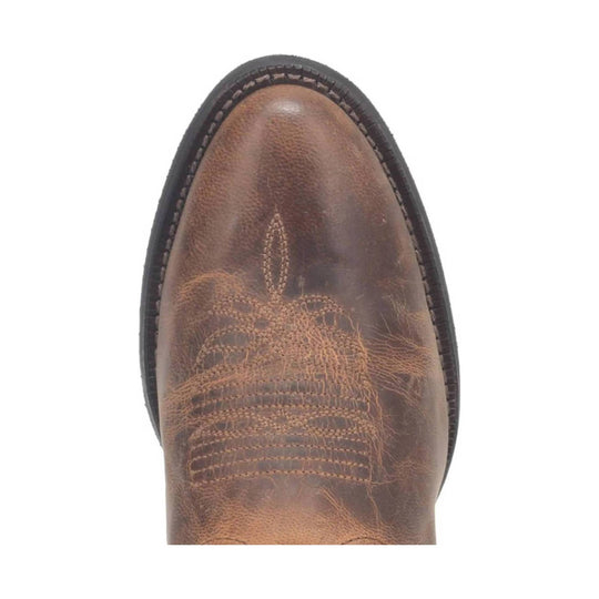 Brown leather western boot toe with decorative stitching and black welt trim
