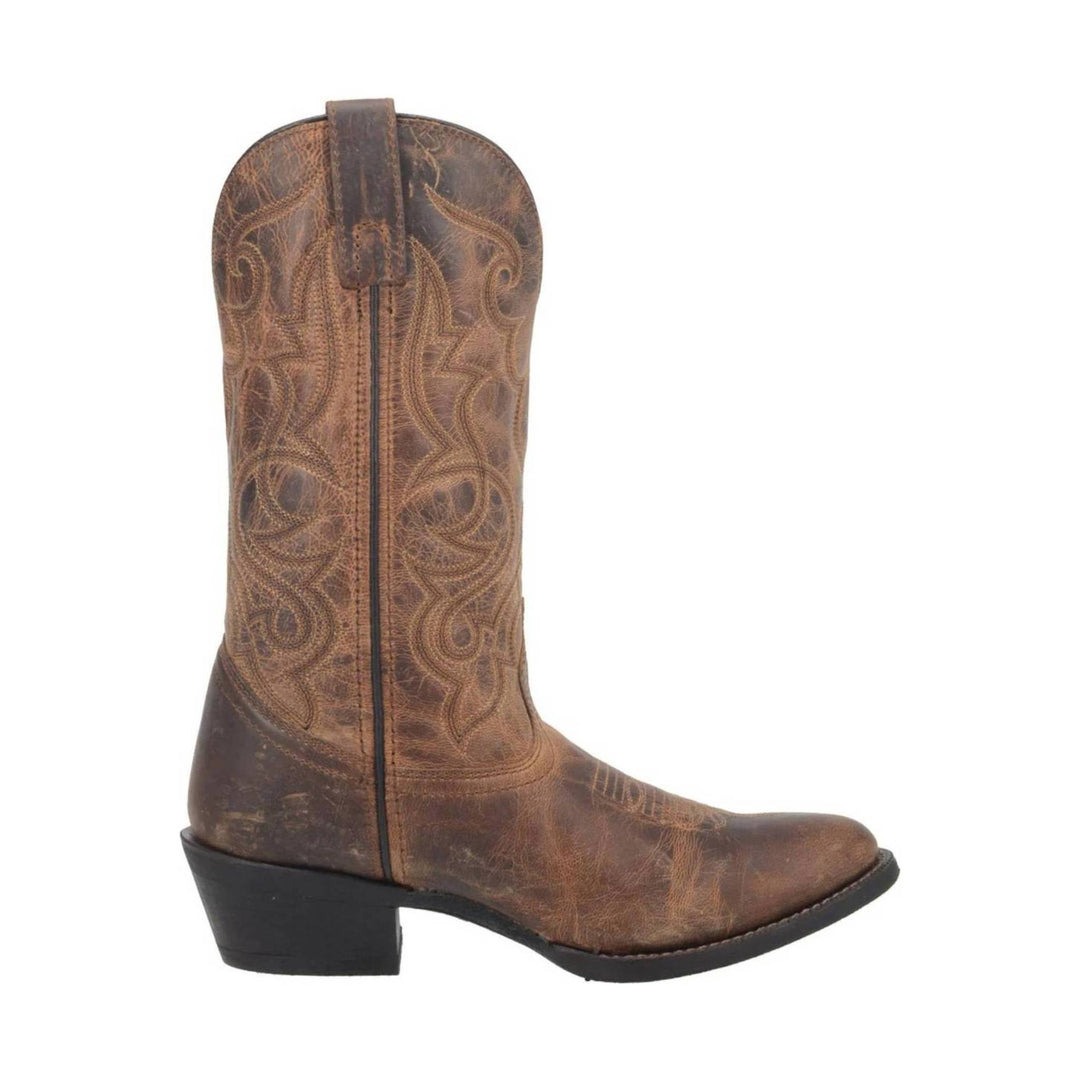 Tall brown leather cowboy boot with an embroidered shaft, side zipper, and black heel