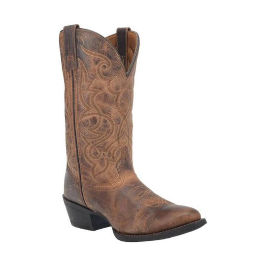 Brown western-style tall boot with stitched pattern and black heel