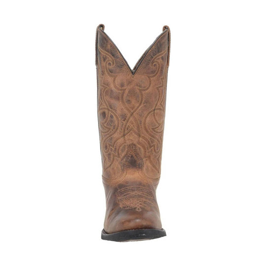 Brown western boot with embroidered shaft and pointed toe, front view