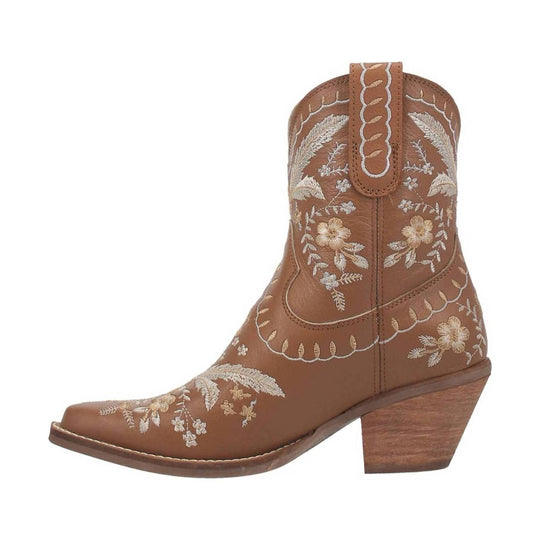 Brown embroidered western ankle boot with pointed toe and wood heel, side view