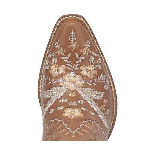 Brown pointed-toe boot with white floral embroidery and stitched edging