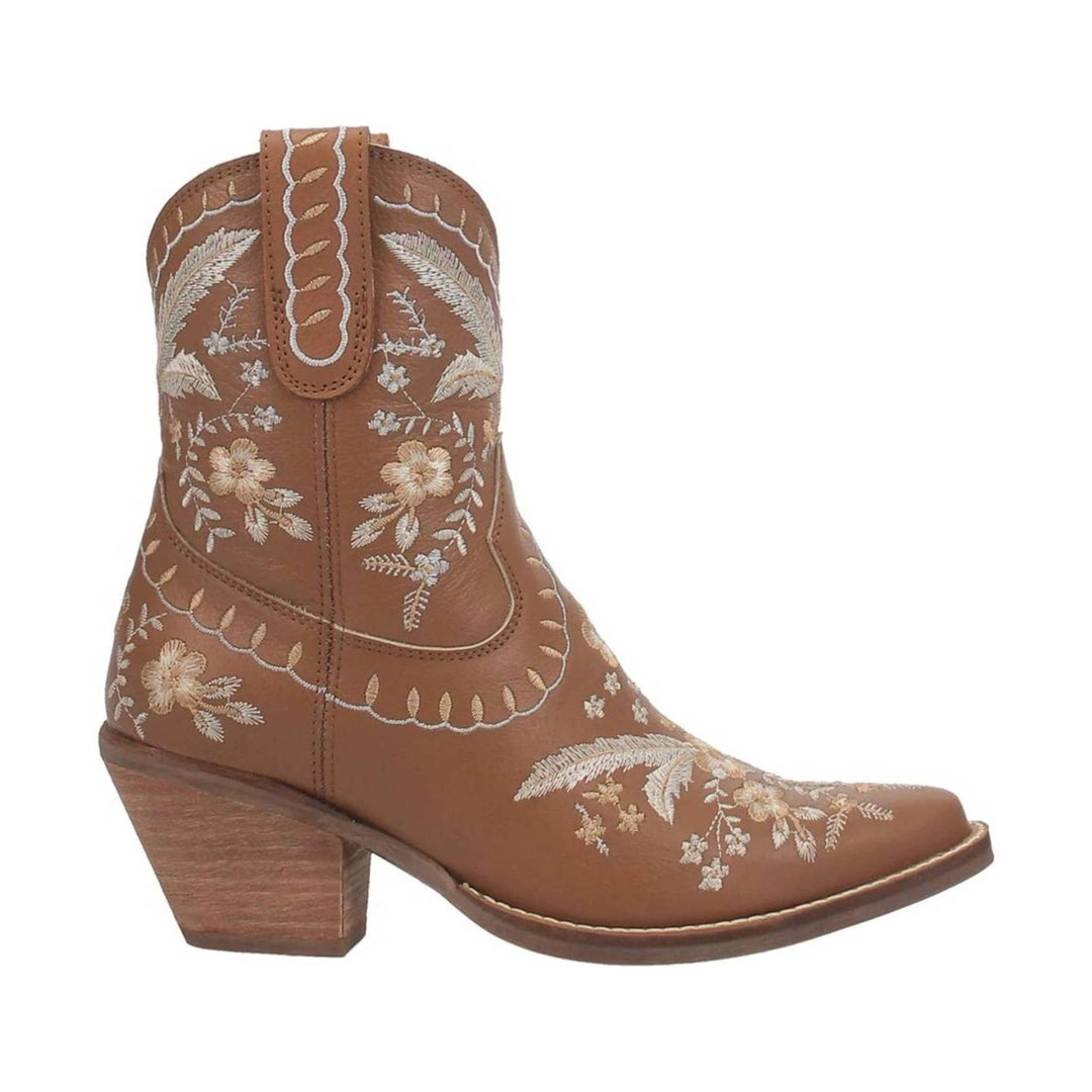 Brown embroidered western ankle boot with pointed toe and block heel