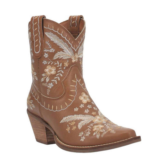 Brown embroidered western boot with a pointed toe and low stacked heel