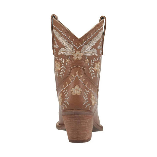 Brown embroidered western boot shown from the back with a stacked wooden heel