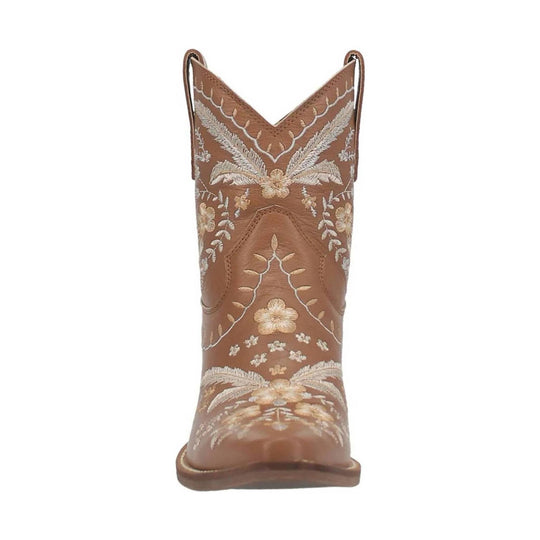 Brown embroidered western boot with floral stitching and pointed toe, front view