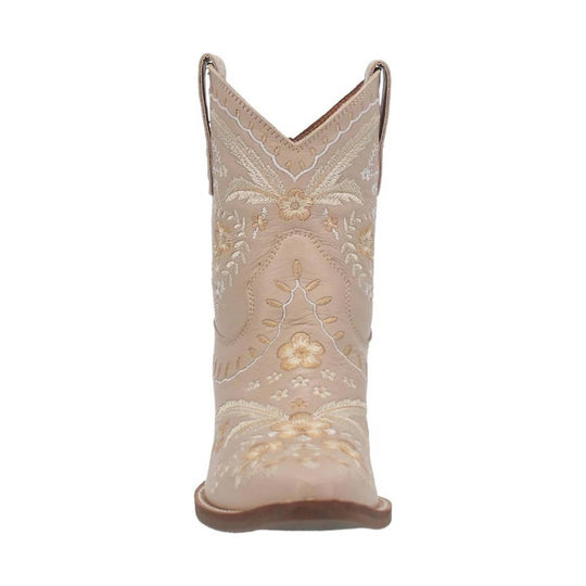 Beige embroidered Western boot with a pointed toe and brown sole