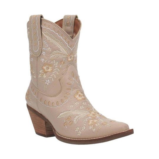 Beige embroidered Western boot with a pointed toe, side pull tabs, and a stacked wood heel