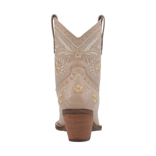 Beige embroidered western boot shown from the back with a wooden heel