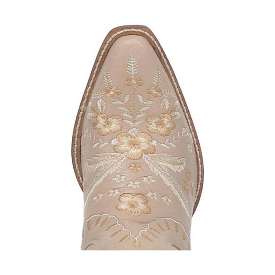Beige western boot toe with floral embroidery and tan stitching