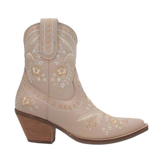 Beige embroidered western boot with pointed toe and wood block heel
