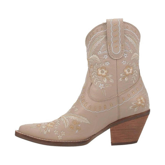 Beige embroidered western boot with pointed toe and stacked wooden heel