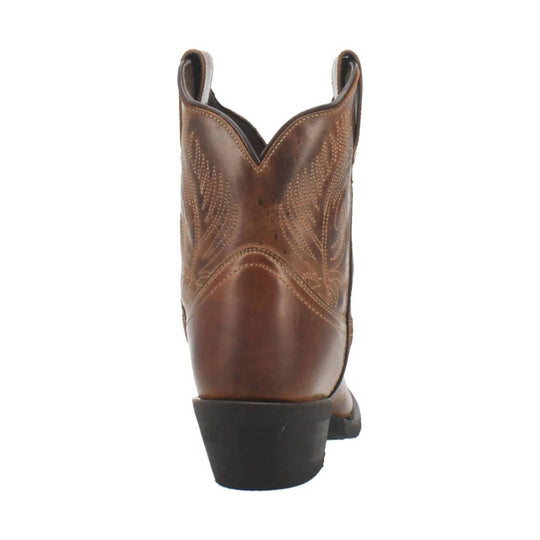Brown leather western boot with decorative stitching and a black heel, shown from the back
