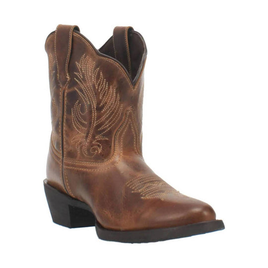 Brown distressed leather western boot with embroidered shaft, pointed toe, and black heel