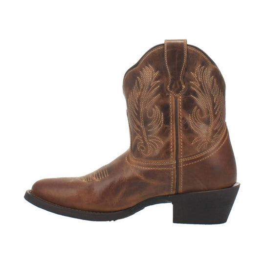 Brown leather cowboy boot with decorative stitching and a black heel