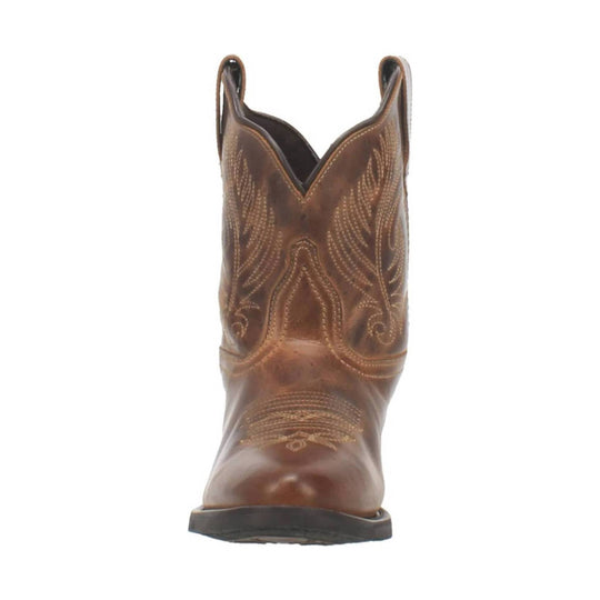 Brown embroidered western boot with pointed toe and pull tabs