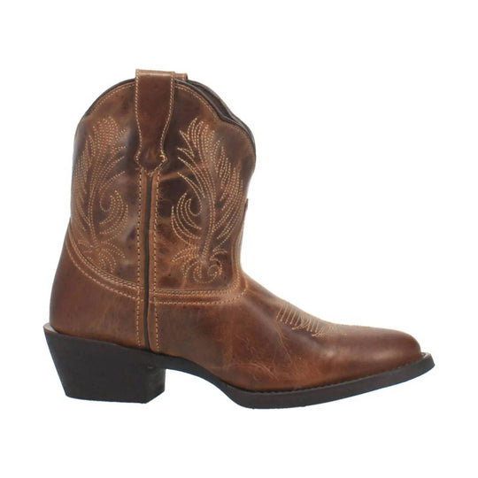 Brown western boot with decorative stitching and a low black heel, side view