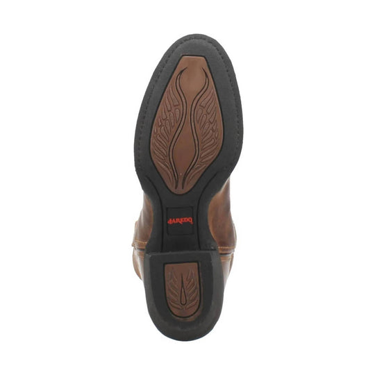 Boot sole with black tread and brown inlay panels, with red Daredo logo near the heel
