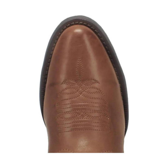 Brown leather pointed-toe boot with stitched toe detail and black sole trim