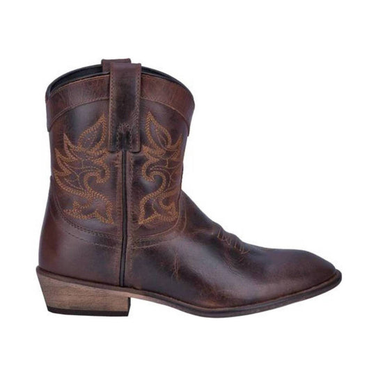 Brown western boot with stitched floral pattern, side zipper, and low stacked heel