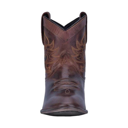 Brown western boot with a pointed toe, embroidered shaft, and pull tabs