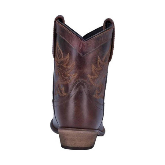 Brown western boot shown from the back with floral stitching and a stacked heel