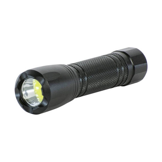 Black handheld flashlight with textured grip and silver reflector