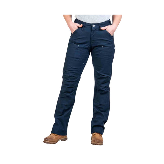 Navy work pants with front hand pockets, cargo pockets, and reinforced knees worn with brown work boots