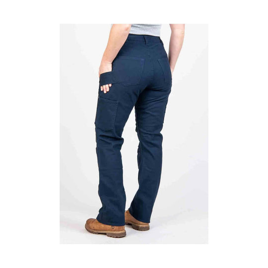 Navy women’s work pants with multiple cargo pockets, shown from the back
