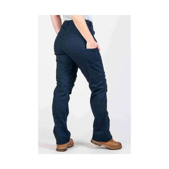 Dark navy women’s cargo work pants shown on a model, side view