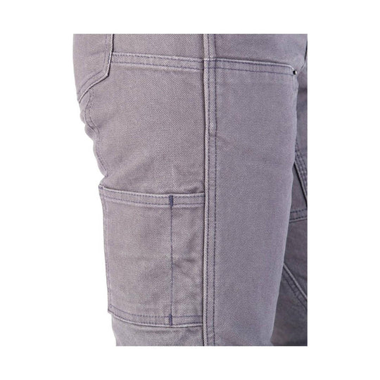 Close-up of gray utility work pants with cargo pocket and reinforced stitching