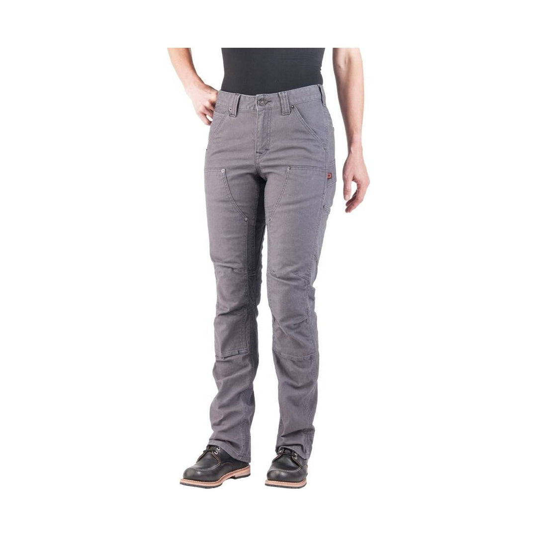 Gray women’s utility work pants with reinforced knees and multiple pockets