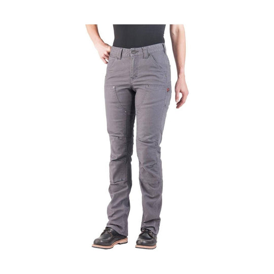 Gray women’s utility work pants with reinforced knees and multiple pockets