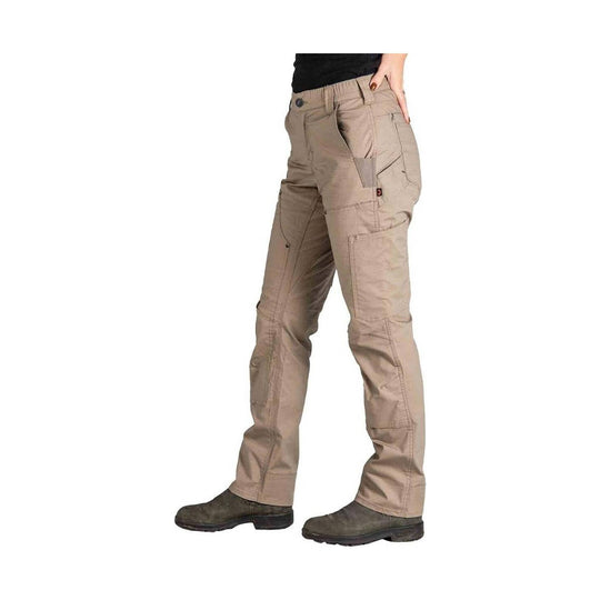 Tan women’s cargo work pants with multiple pockets, shown on a model with dark work boots