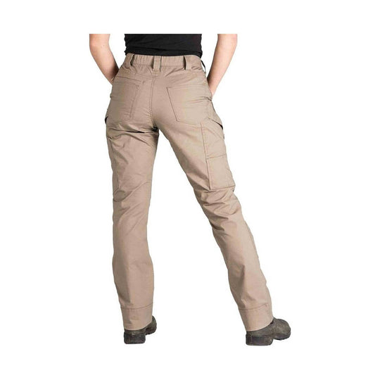 Tan women's work pants shown from the back with cargo pockets and straight legs