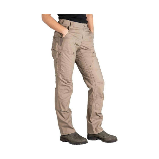 Beige women’s work pants with cargo pockets and tapered legs, worn with dark boots