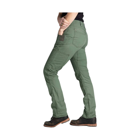 Green women's work pants in side view with cargo pockets and reinforced knees