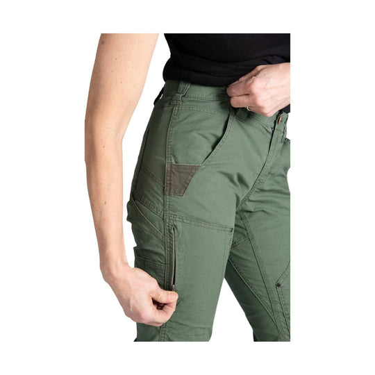 Olive green work pants with cargo pockets and side zip pocket