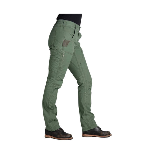 Green women’s cargo work pants shown in side view with multiple pockets and tapered legs