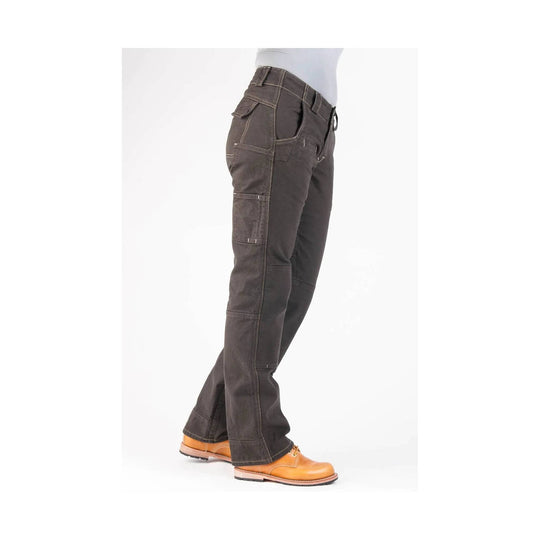 Brown work pants with cargo pockets, contrast stitching, and tan work boots