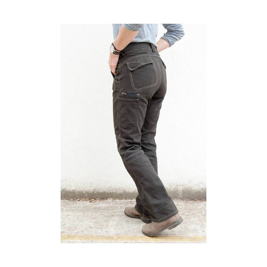 Brown canvas work pants with reinforced seams, back pockets, side cargo pocket, and work boots
