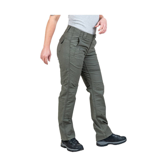 Olive green women’s cargo-style pants with articulated knees and side pockets, shown on a model