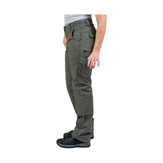 Olive green women's cargo pants shown in side view with flap and zip pockets